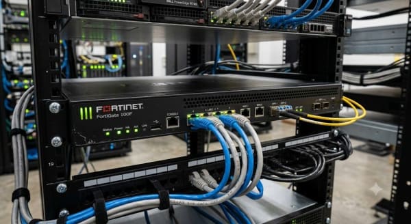 Appliance hardware Cisco e altre apparecchiature di rete montate in un rack, con cablaggio Ethernet e fibra ottica