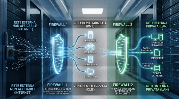 Diagramma della DMZ con doppio firewall tra LAN interna e Internet