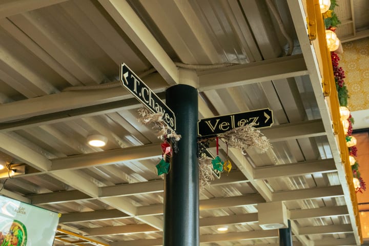 Indoor direction signs captured from below