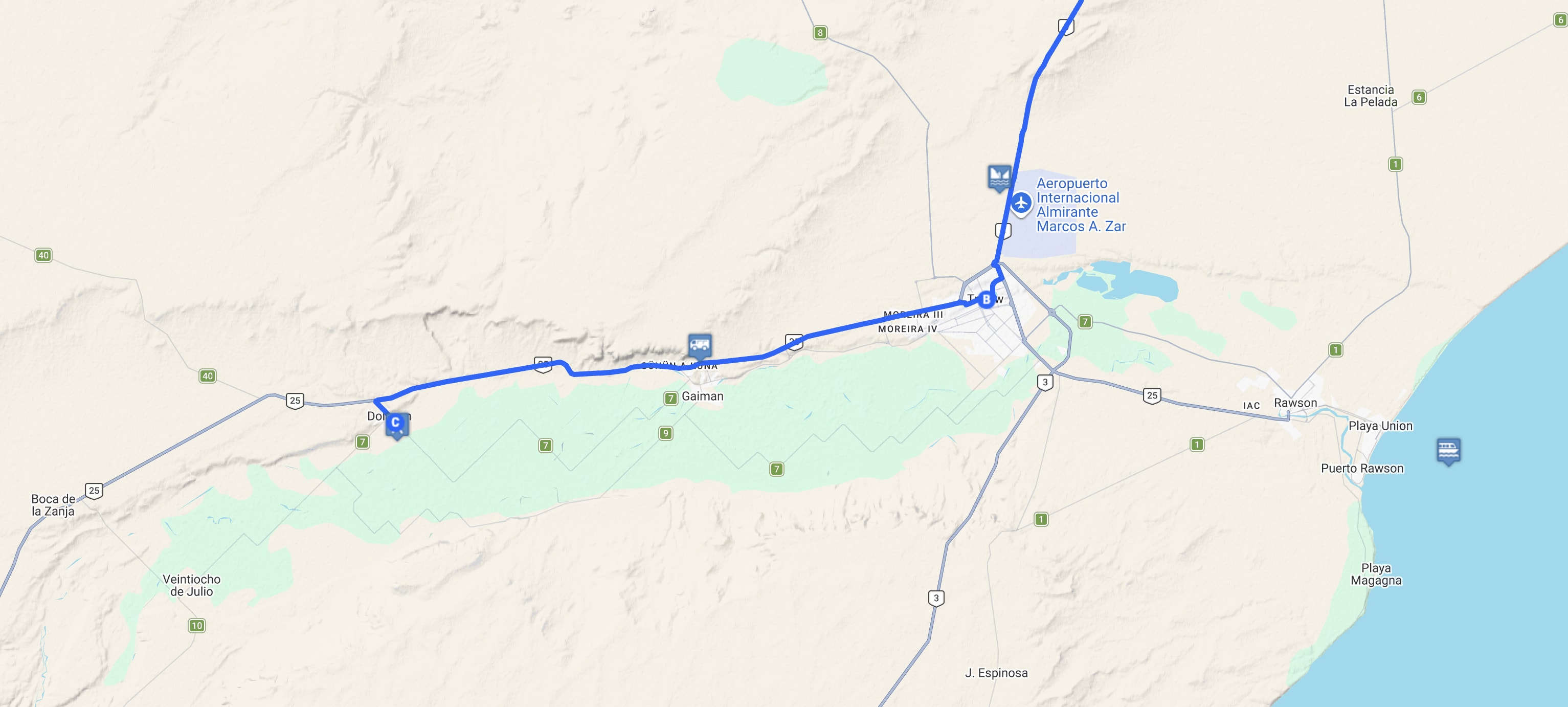 Map Valle Inferior full day: Gaiman, Trelew y Dolavon