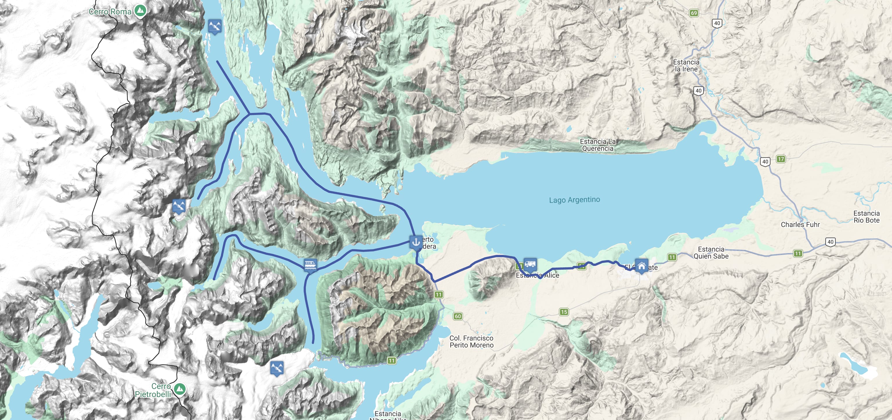 Map Espíritu de los Glaciares: Crucero Santa Cruz