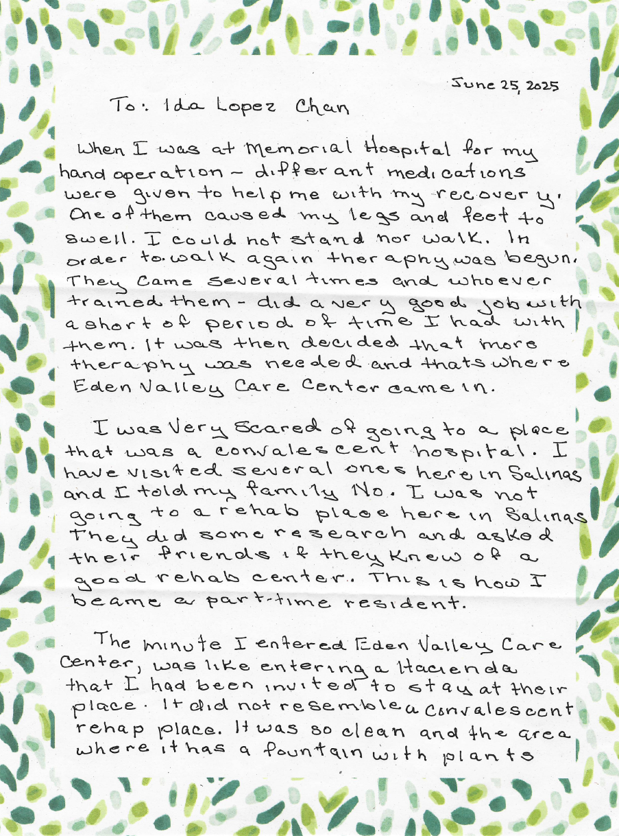 Page 1 of handwritten testimonial letter dated June 25, 2025