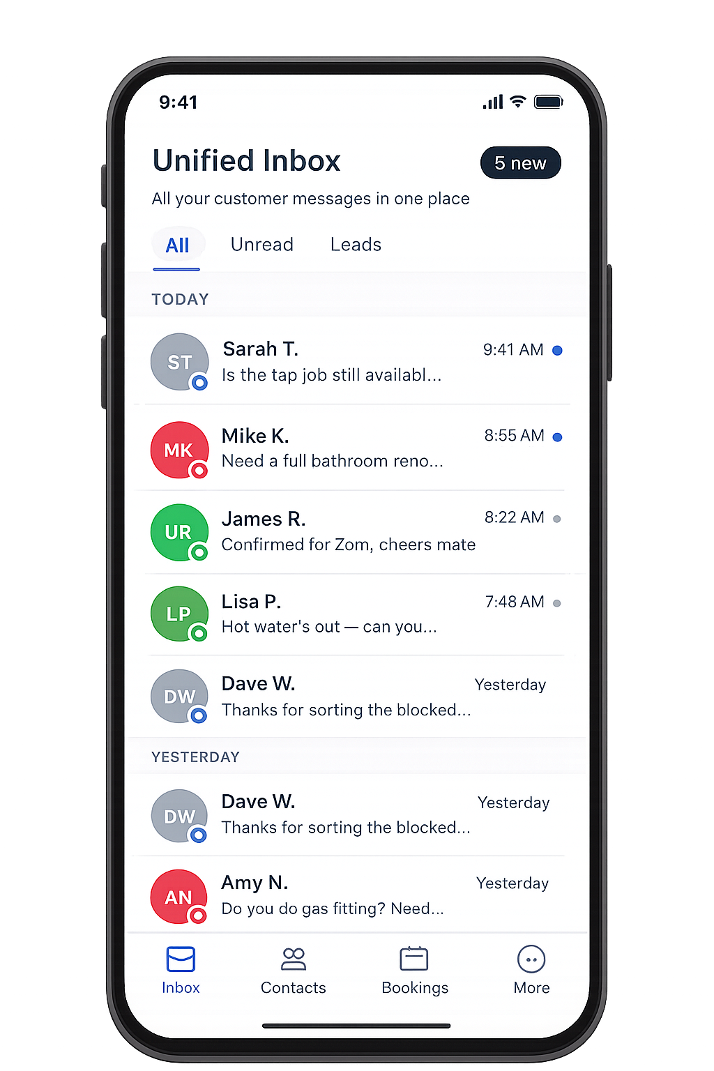 Unified inbox on phone at job site