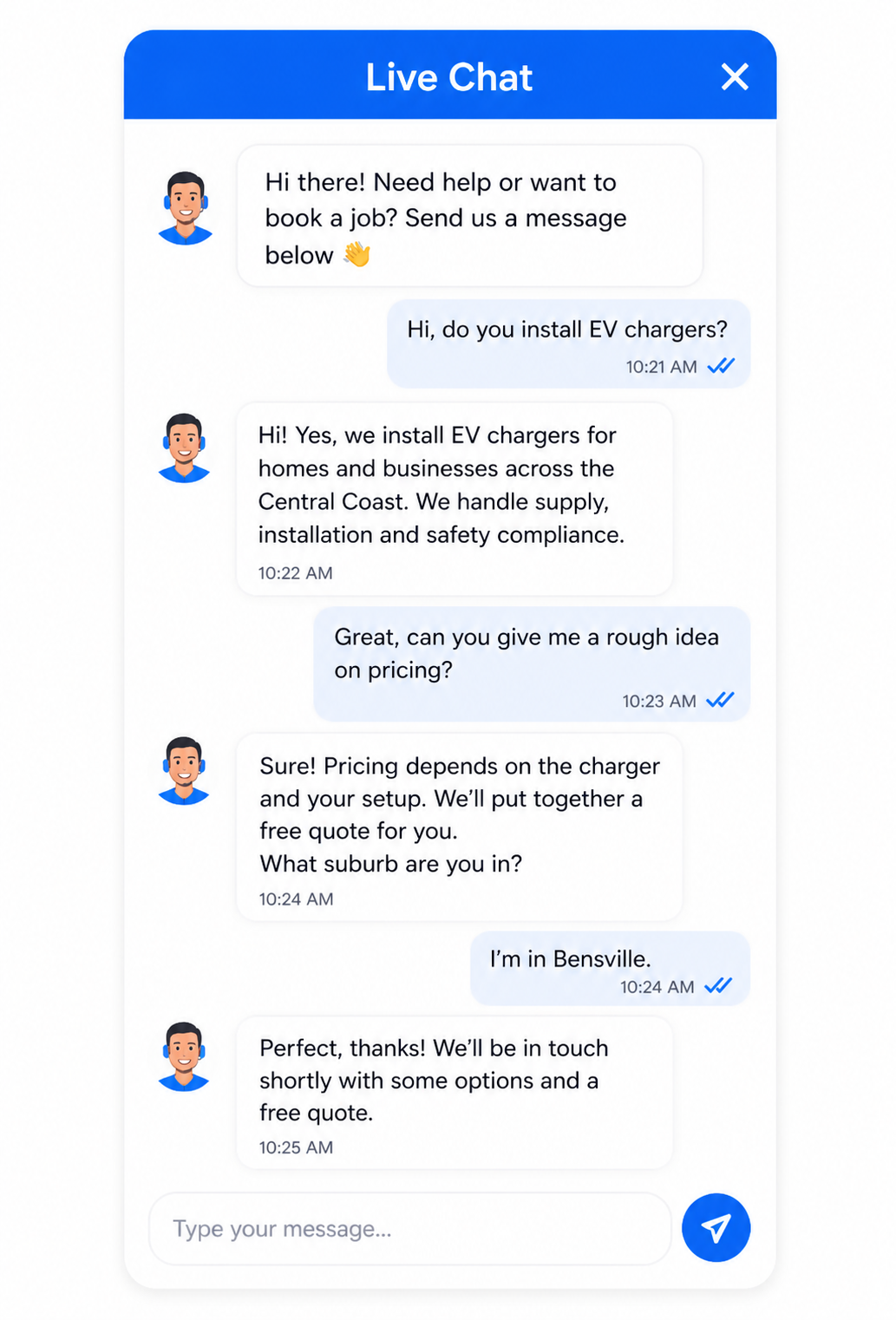 Live chat widget on tradie website