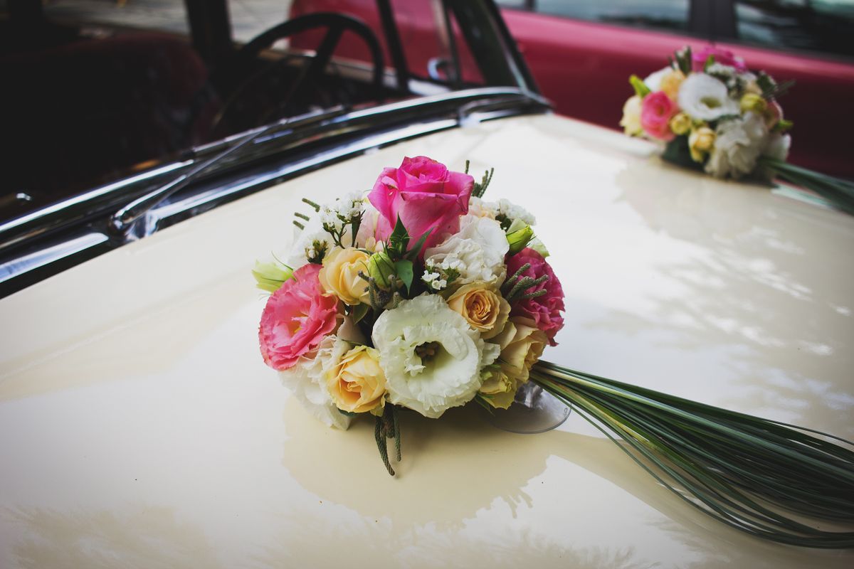 Wedding · Bouquet on Beige Car