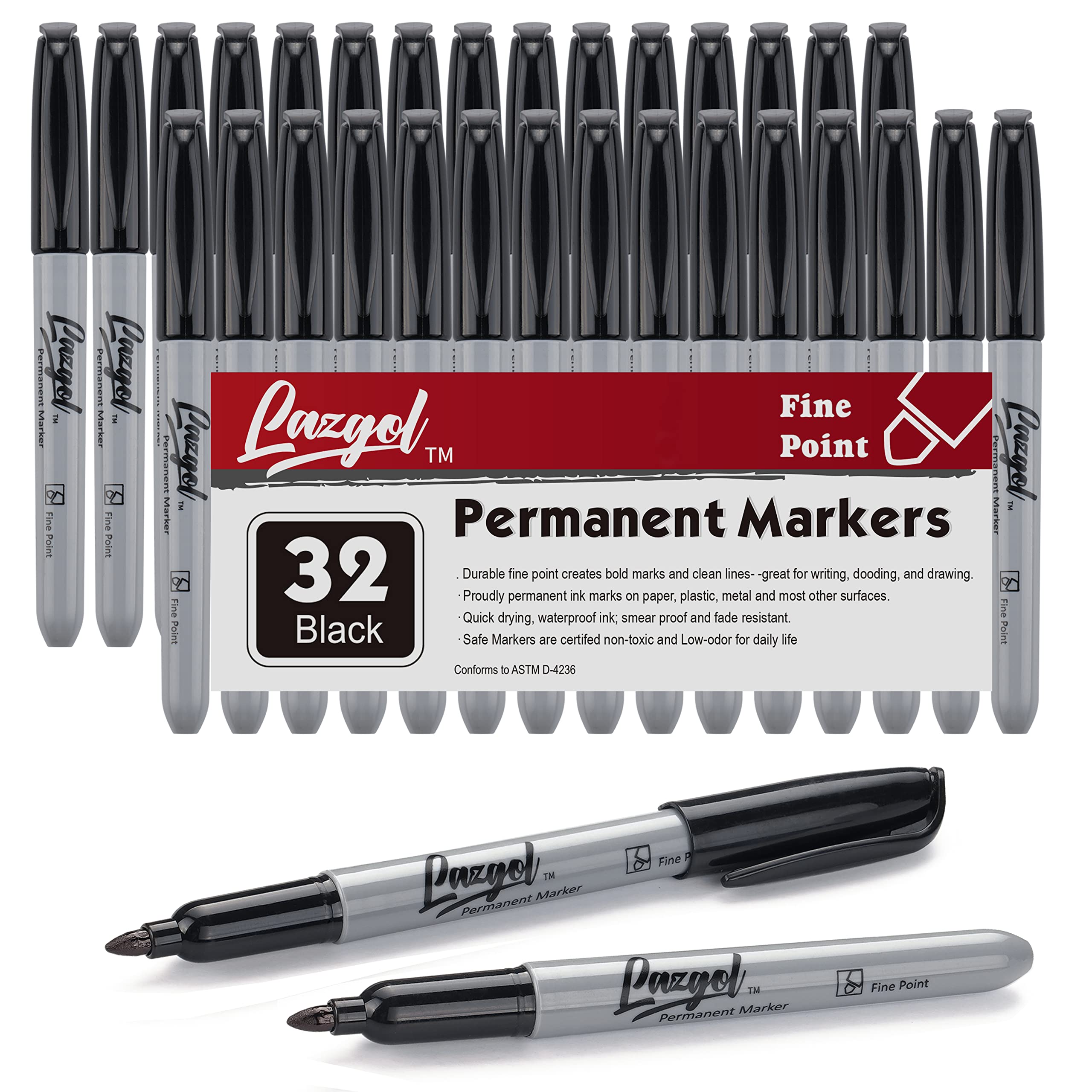 LAZGOL Black Permanent Markers Set of 32 Fine Point Waterproof Non Toxic Ink