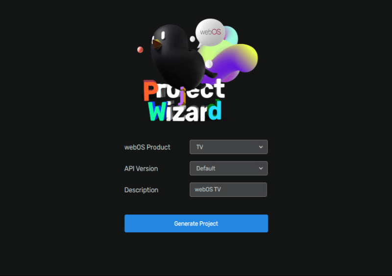 Project wizard window of webOS Studio