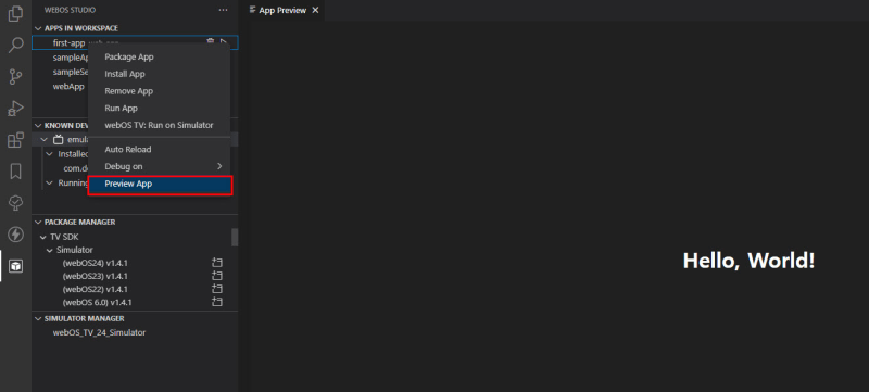 Preview app on webOS Studio