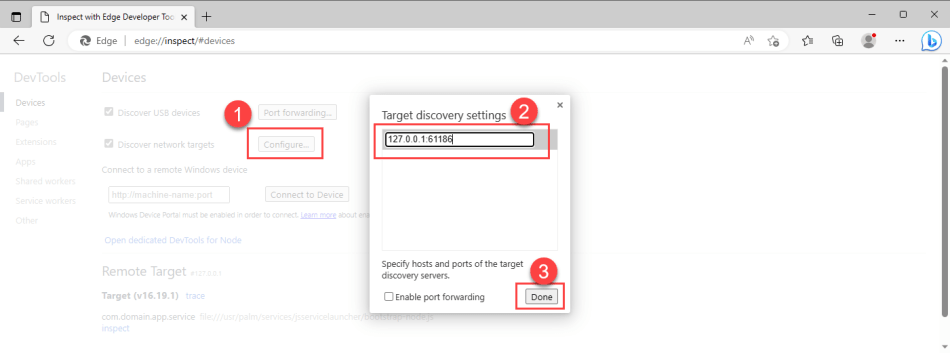 Service debugging session on browser