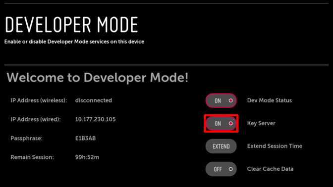 Key Server button on the Developer Mode app