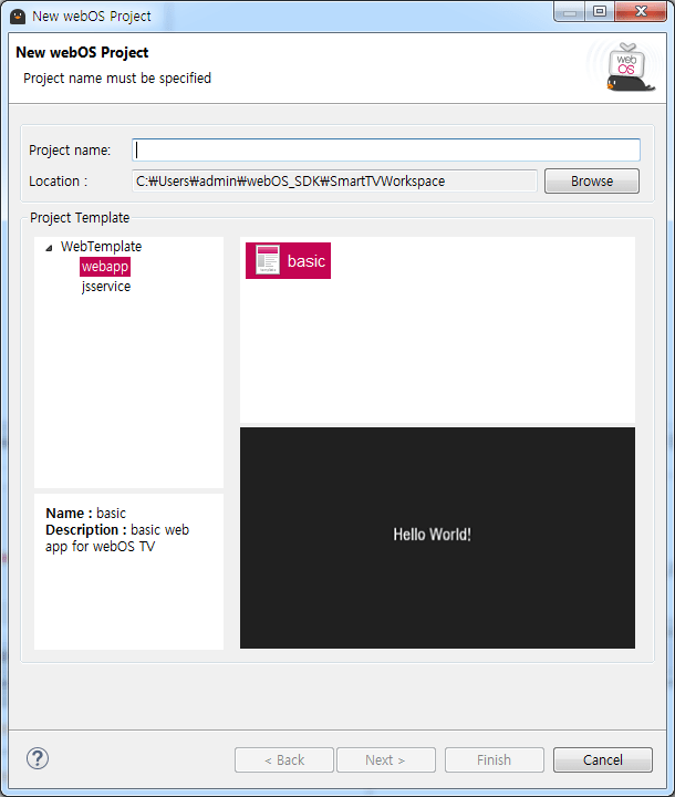 Selecting webapp template on the New webOS Project window