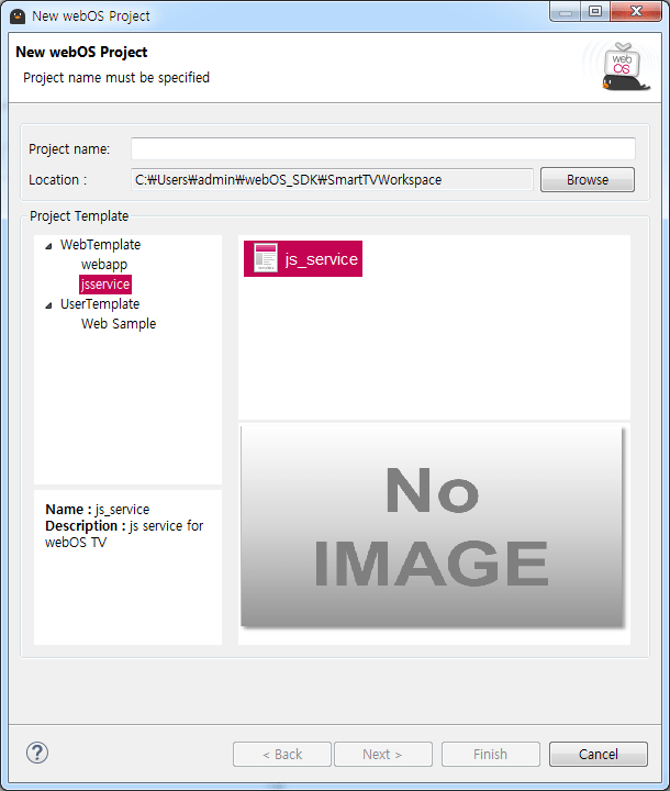 Selecting JS service template on the New webOS Project window
