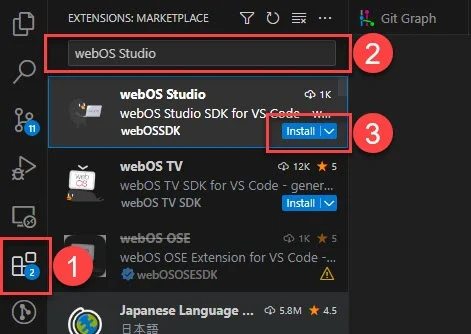 Screenshot of installing webOS Studio extension