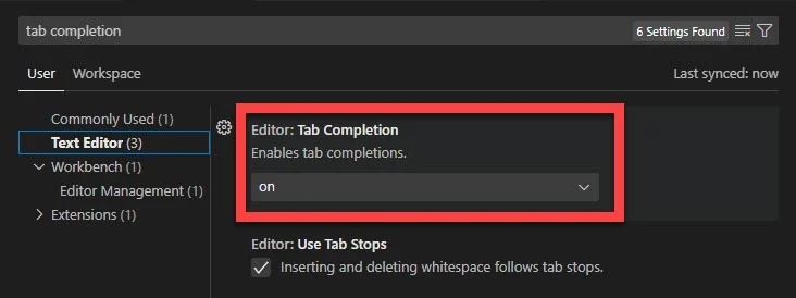 Tab Completion setting of VS Code