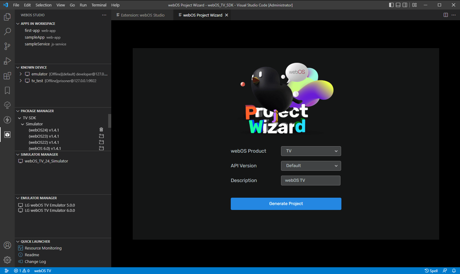 webOS Studio with Project Wizard