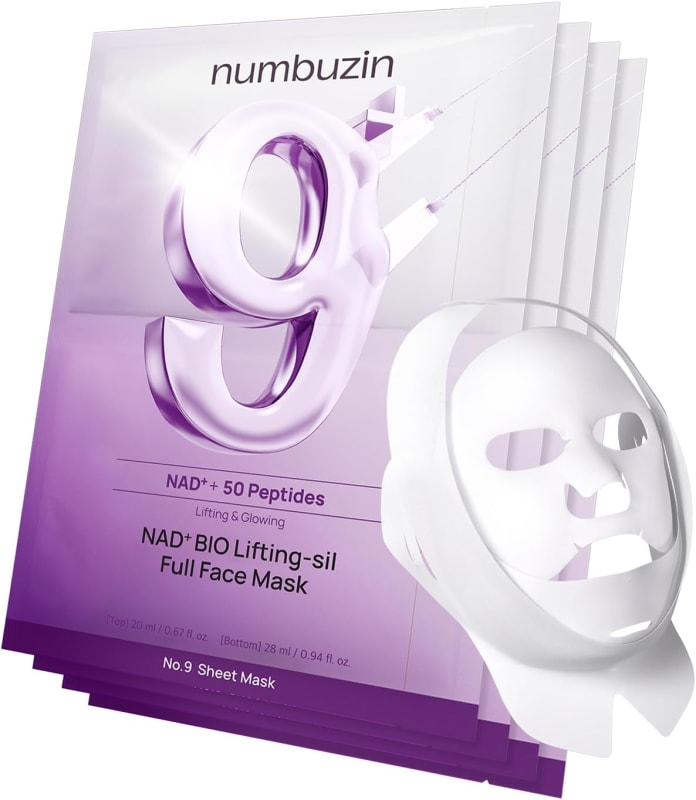 numbuzin No.9 Sheet Mask | NAD+ BIO Lifting-sil Full Face Mask | Improves Jawline, Jowls, Wrinkles, Neck Lines | Peptides, NAD+, Collagen | Skin Firmness | 4 Sheets + Lifting Band
