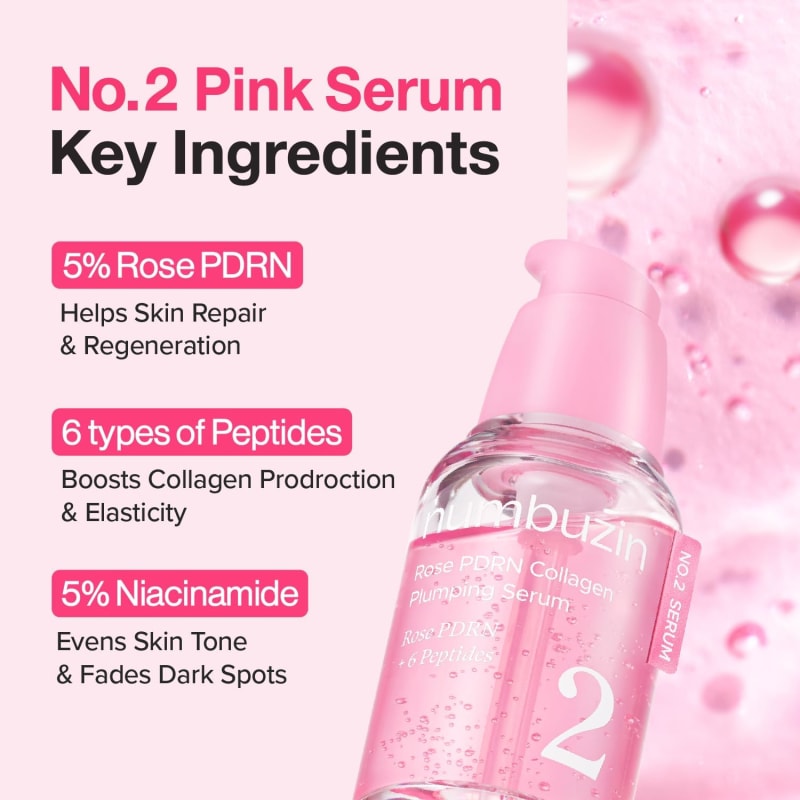 numbuzin No.2 Serum | Rose PDRN Collagen Plumping Serum | Glowing, Hydrating, Firming, Korean Skincare | Collagen, Peptides, PDRN | for Dry, Combination skin | 1.01 fl.oz. 3