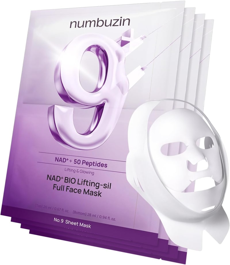 numbuzin No.9 Sheet Mask | NAD+ BIO Lifting-sil Full Face Mask | Improves Jawline, Jowls, Wrinkles, Neck Lines | Peptides, NAD+, Collagen | Skin Firmness | 4 Sheets + Lifting Band 1