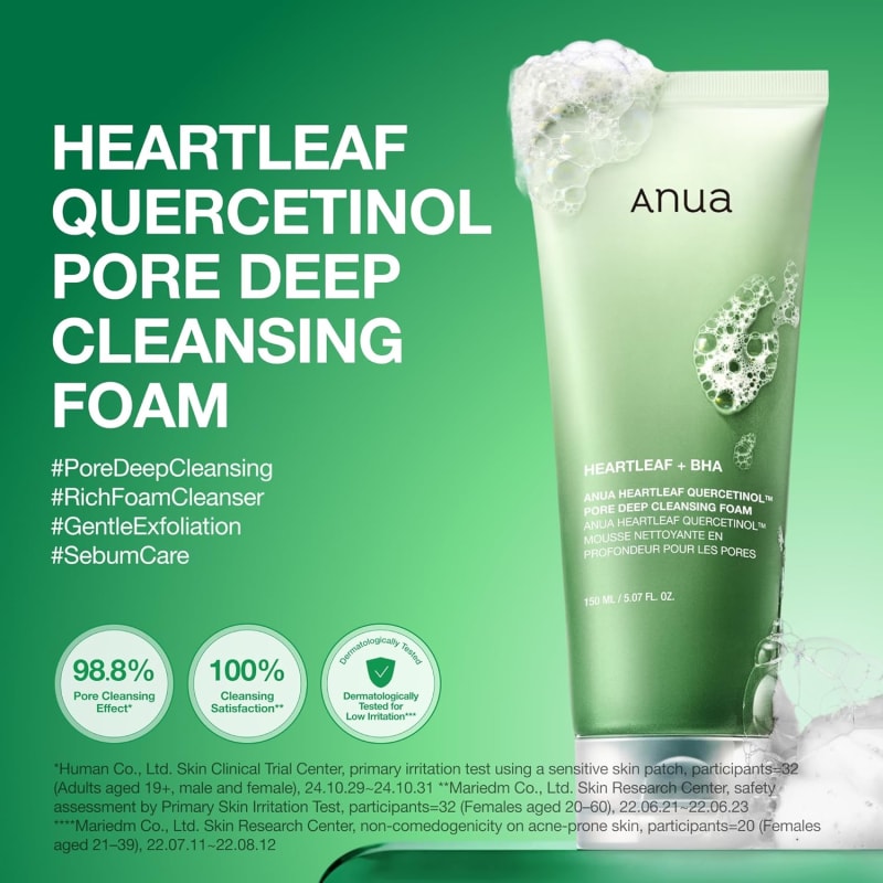 ANUA Heartleaf Quercetinol Pore Deep Cleansing Foam 150 ml | Deep Pore & Sebum Cleansing | Heartleaf + Quercetin | Gentle Exfoliating Face Wash 8