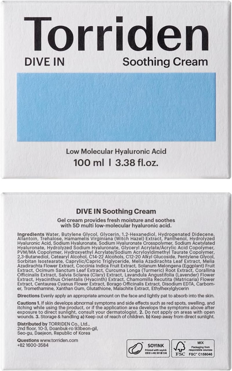 TORRIDEN DIVE-IN Low-Molecular Hyaluronic acid Soothing Cream 3.38 fl oz | Facial Moisturizer Gel for Sensitive, Dry Skin | Fragrance-free, Alcohol-free, No Colorants | Vegan, Clean, Cruelty-Free 6