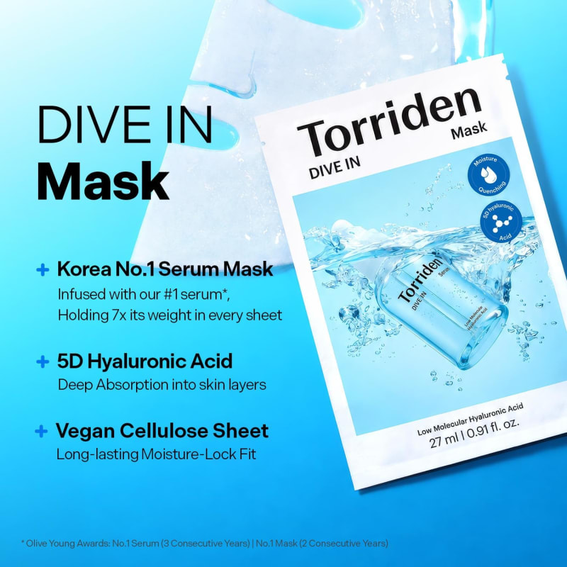TORRIDEN DIVE IN Low Molecular Hyaluronic Acid Mask 27ml – Hydrating & Soothing Sheet Mask for Dry, Sensitive Skin 7