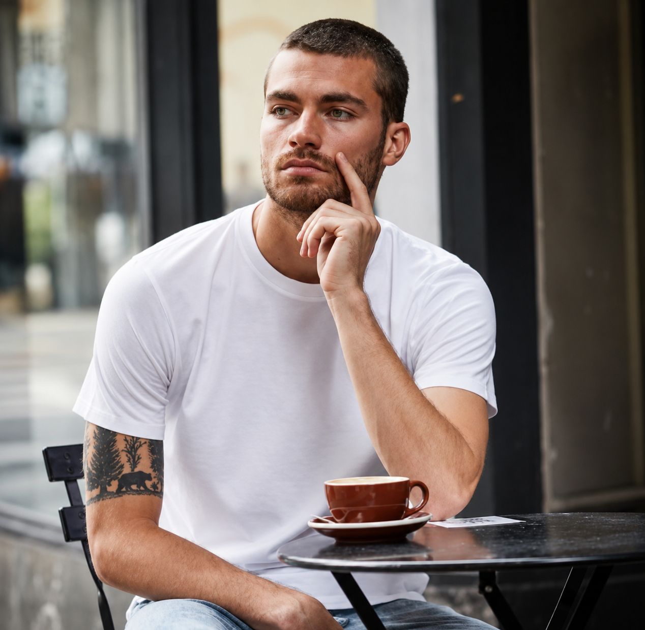 a man wearing a black tee