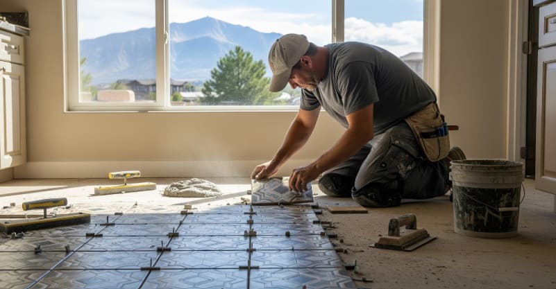 Worker installing patterned floor tiles in a bright room with mountain view through large window