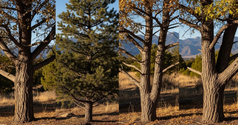 Trees in a dry grassy landscape with mountains in the background under clear blue sky