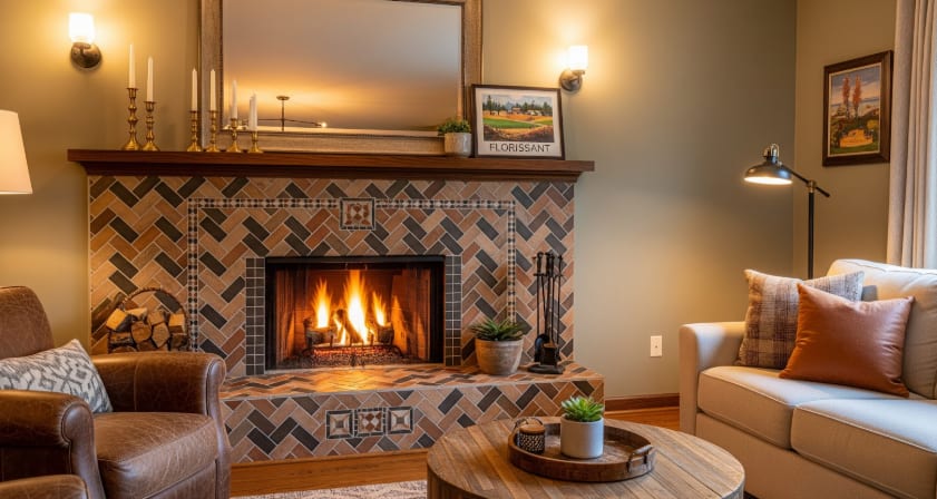 Cozy living room with lit fireplace, patterned tile surround, leather chair, sofa, and warm lighting