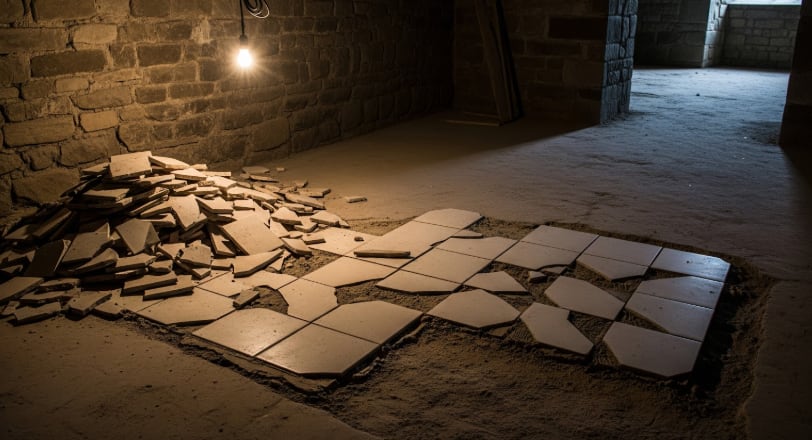Dimly lit unfinished room with scattered broken tiles and partially laid floor tiles on dusty ground