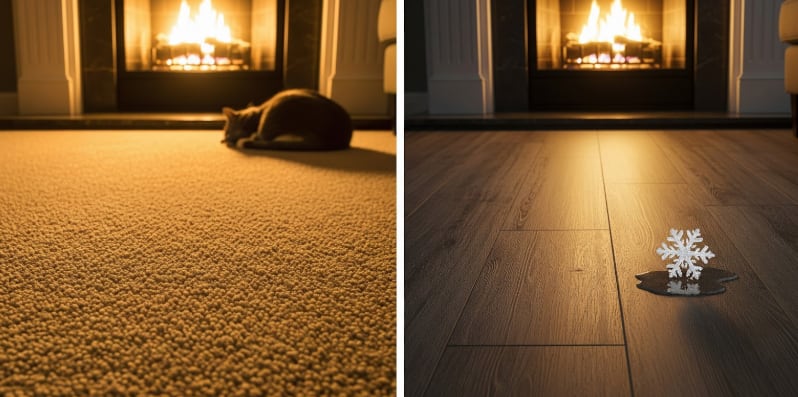 Cozy fireplace scene with cat on carpeted floor (left) and melting snowflake on wood flooring (right)