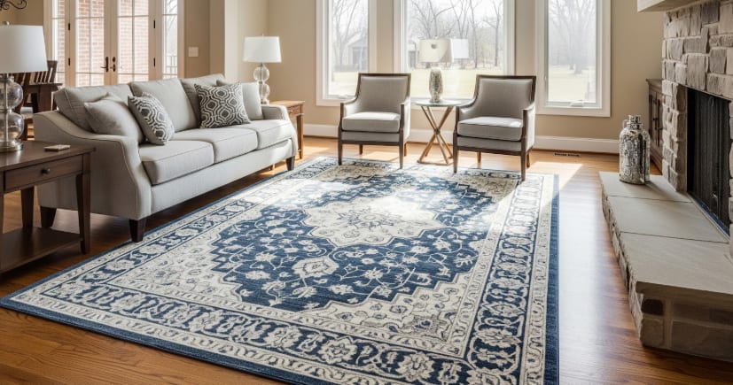 Bright living room with gray sofa, blue patterned rug, fireplace, and large windows overlooking a peaceful outdoor view.