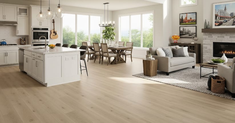 Spacious open-concept kitchen, dining, and living area with light wood floors, white cabinets, and a cozy fireplace