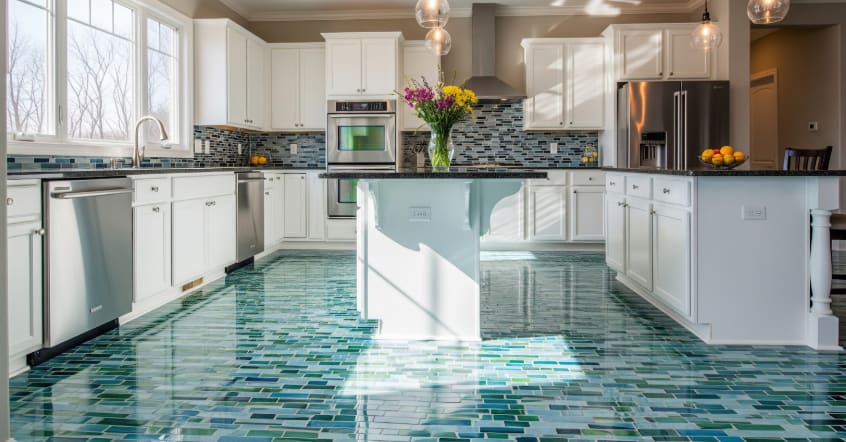 Bright kitchen with white cabinets, stainless appliances, blue mosaic backsplash, and glossy blue-green tiled floor