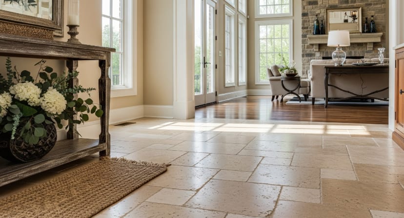 Elegant home entryway with beige tile floor, decorative console table, and view into a bright living room with fireplace