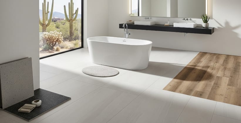 Modern bathroom with freestanding tub, double vanity, desert view window, and mix of white tile and wood-look flooring.
