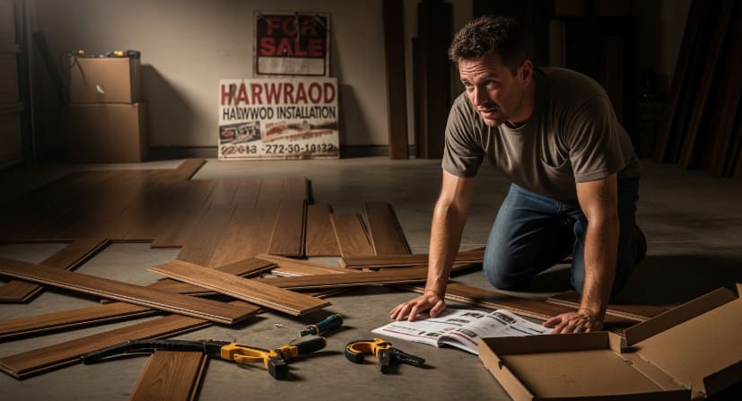 Man kneeling on floor with tools and wood planks, reading instructions while preparing for hardwood flooring installation.