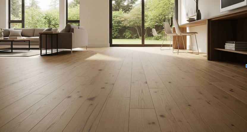 Modern living room with light wood flooring, large windows, neutral furniture, and views of a lush green garden.