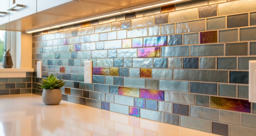 Modern kitchen backsplash with glossy iridescent subway tiles in blue tones, accented by under-cabinet lighting.