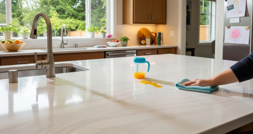 Bright kitchen with a sleek quartz countertop, stainless steel sink, and easy-to-clean surface being wiped after a spill.