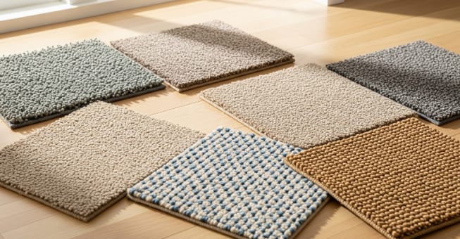 Carpet samples in different colors and textures on a wooden floor.