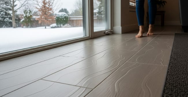 Bare feet on indoor tiles near a snowy window view.