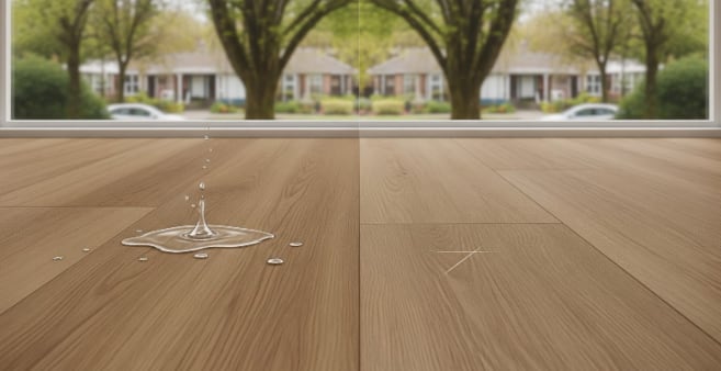 Close-up of wooden flooring with water droplets near a large window.