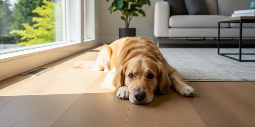 Golden retriever lying on light wood flooring in a bright living room with sunlight streaming through large windows.