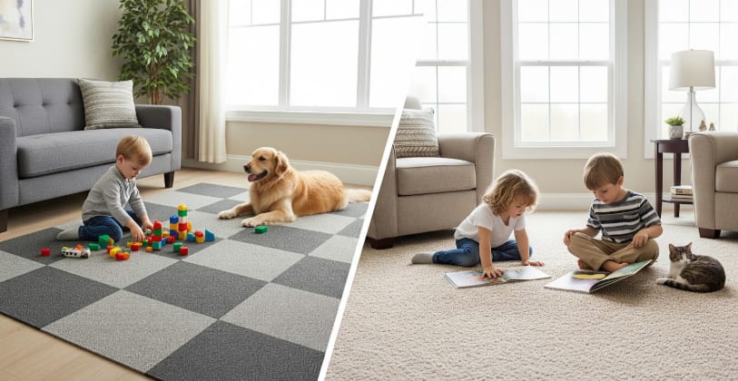 Split image of children and pets in cosy living rooms—one with grey carpet tiles, the other with beige carpet and soft lighting.