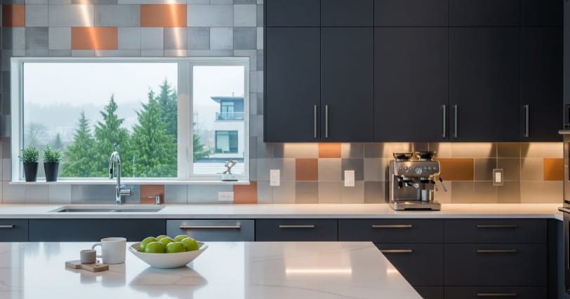 Modern kitchen with matte black cabinets, metallic accent backsplash, and large window view, featuring coffee maker and bowl of apples.