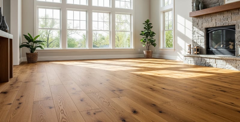 modern living room with wide plank hardwood flooring