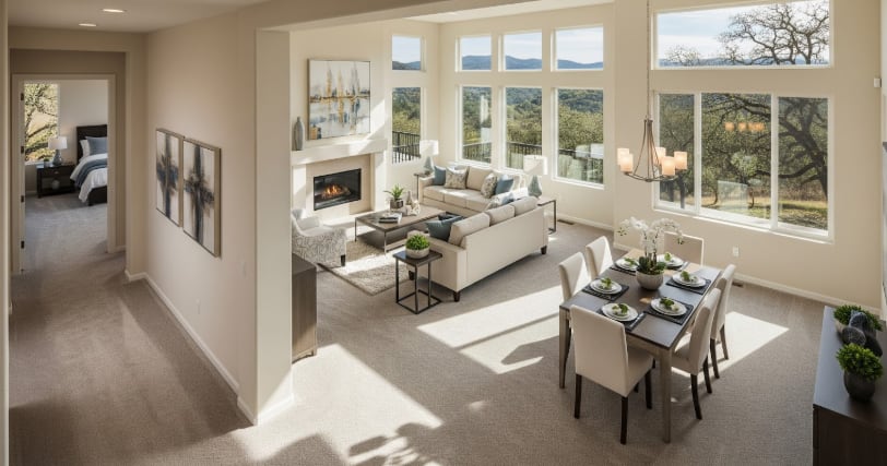 Open living and dining area with large windows, beige carpet flooring, modern furniture, and a cozy fireplace with views