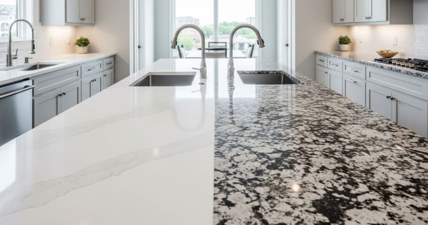 Modern kitchen with two-tone countertops, one white with subtle veining and the other black and white patterned, featuring dual sinks.