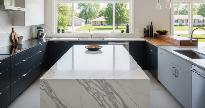 Modern kitchen with marble island, dark cabinets, wood accents, and large window bringing in natural light.